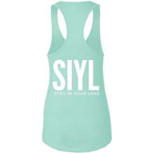Load image into Gallery viewer, SIYL- Stay In Your Lane Ladies Ideal Racerback Tank (logo front)