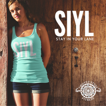 Load image into Gallery viewer, SIYL- Stay In Your Lane Ladies Ideal Racerback Tank (logo back)