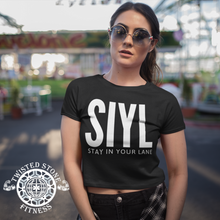 Load image into Gallery viewer, SIYL: STAY IN YOUR LANE  Ladies&#39; Flowy Cropped Tee
